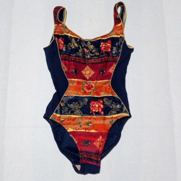 Vtg Sirena One Piece Swimsuit-Size 8-Floral-Built In Bra-Gold Trim-Wide Straps - Picture 1 of 10